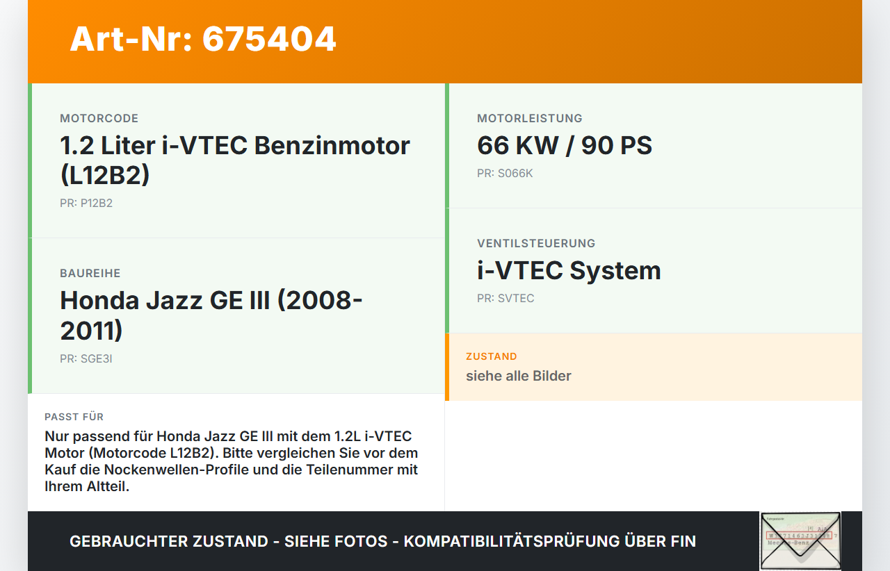 Honda Jazz GE III 08-11 i-VTEC 1,2 66KW L12B2 Nockenwelle Honda Jazz GE III 08-11 19.11.2010 gebraucht Vorschau 3
