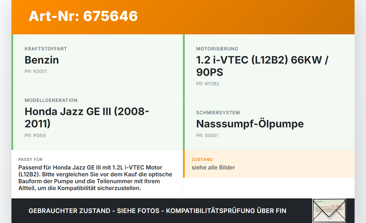 Honda Jazz GE III 08-11 i-VTEC 1,2 66KW L12B2 Ölpumpe Honda Jazz GE III 08-11 19.11.2010 gebraucht Vorschau 3