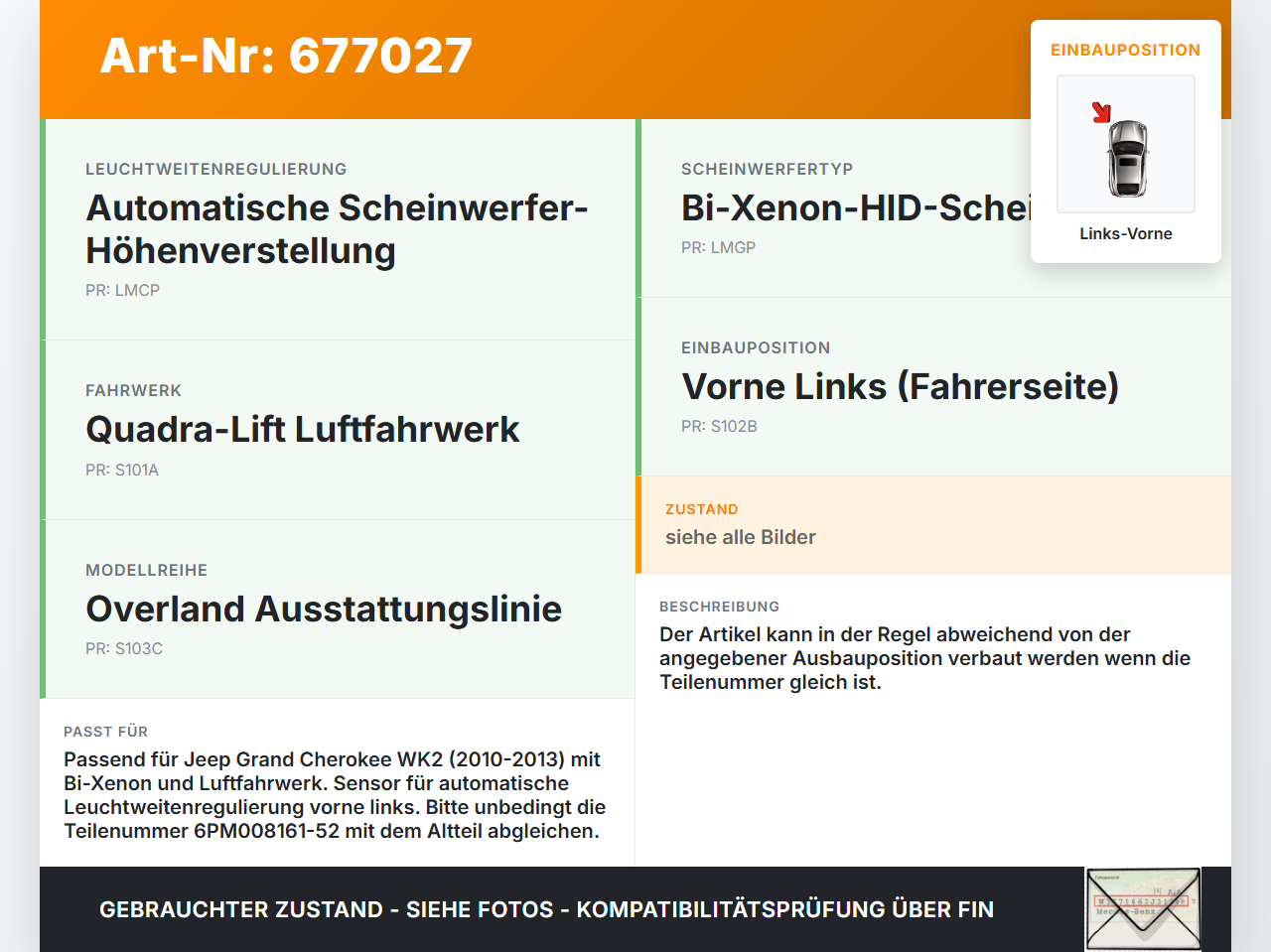 Jeep Grand Cherokee WK2 10-13 Xenon LWR Sensor Neigung Links Vorne Jeep Grand Cherokee WK2 10-13 25.01.2012... Vorschau 3