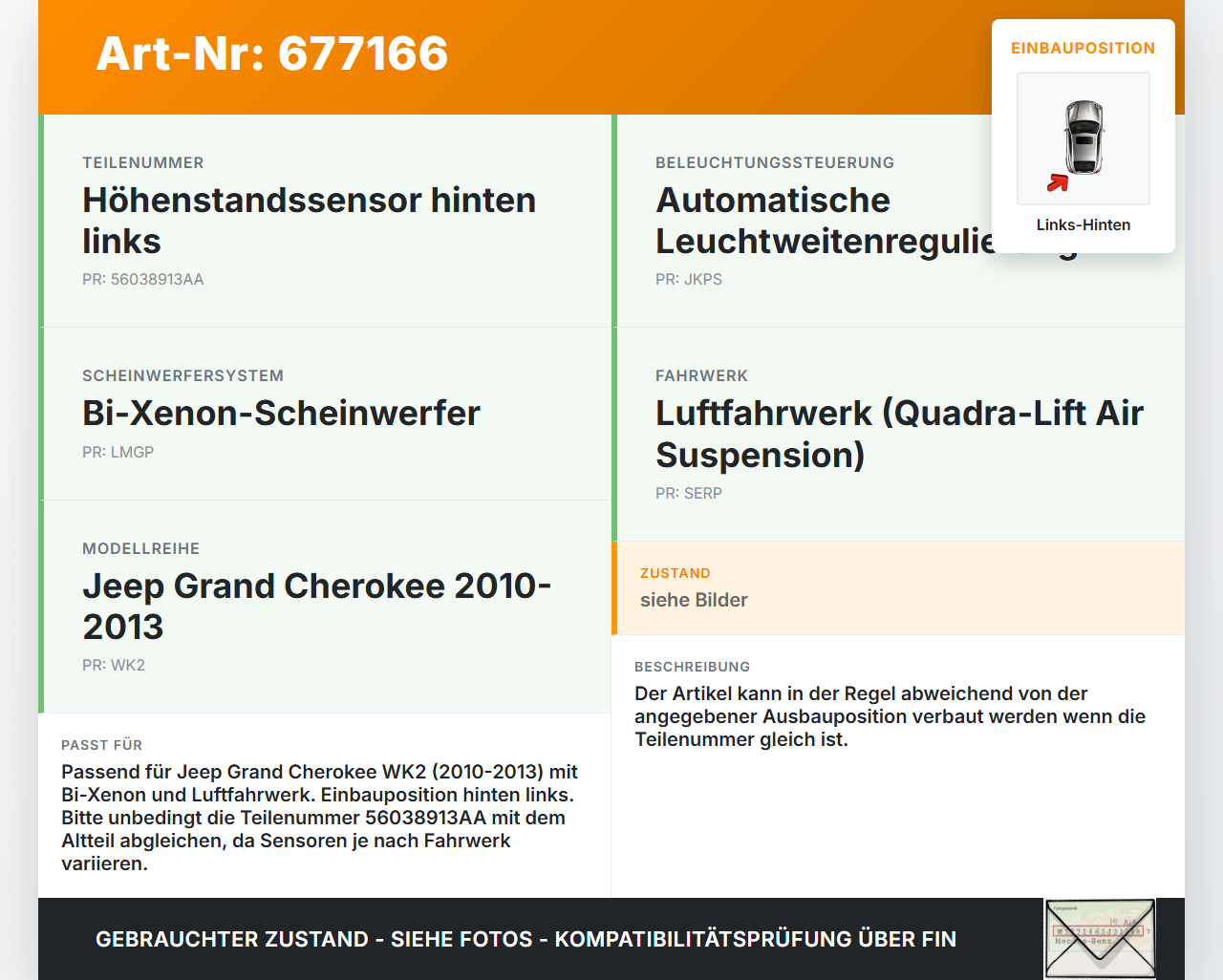 Jeep Grand Cherokee WK2 10-13 Xenon LWR Sensor Neigung Links Hinten Jeep Grand Cherokee WK2 10-13 25.01.2012... Vorschau 3