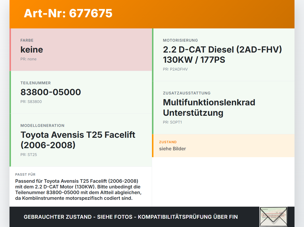 Toyota Avensis T25 06-08 2,2 130KW Kombiinstrument Tacho Toyota Avensis T25 06-08 03.03.2009 MB257430-5297... Vorschau 3