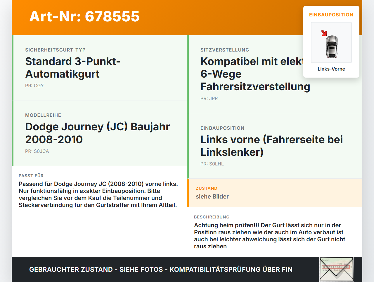 Dodge Journey JC 08-10 Kombi Gurt Sicherheitsgurt Gurtstraffer Links Vorne Dodge Journey JC 08-10 30.06.2008... Vorschau 3