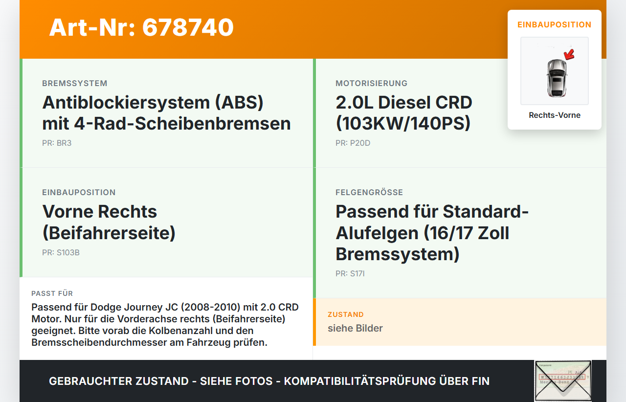 Dodge Journey JC 08-10 CRD 2,0 103KW Bremssattel Bremszange Vorne Rechts Dodge Journey JC 08-10 30.06.2008 gebraucht Vorschau 3