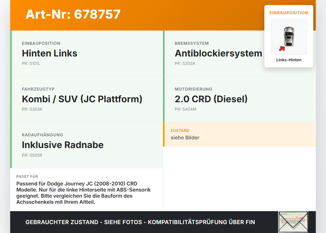 Dodge Journey JC 08-10 Kombi CRD 2,0 103KW Achsschenkel Radnabe mit ABS Links Hinten Dodge Journey JC 08-10... Vorschau 3