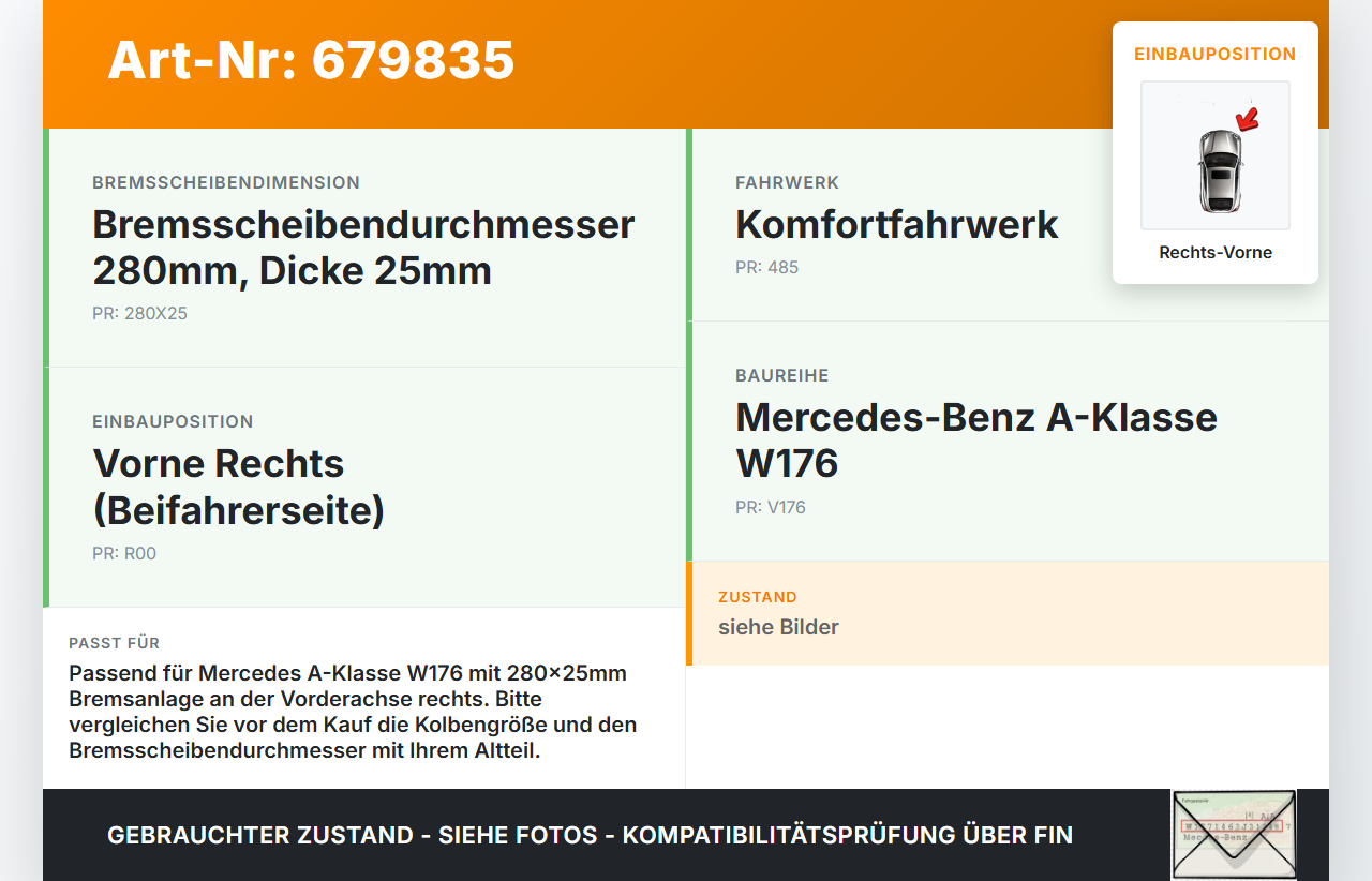 Mercedes A-Kl. W176 A160 12-15 CDI 1,5 80KW Bremssattel Bremszange Vorne Rechts 280x25 Mercedes A-Kl. W176 A160... Vorschau 3