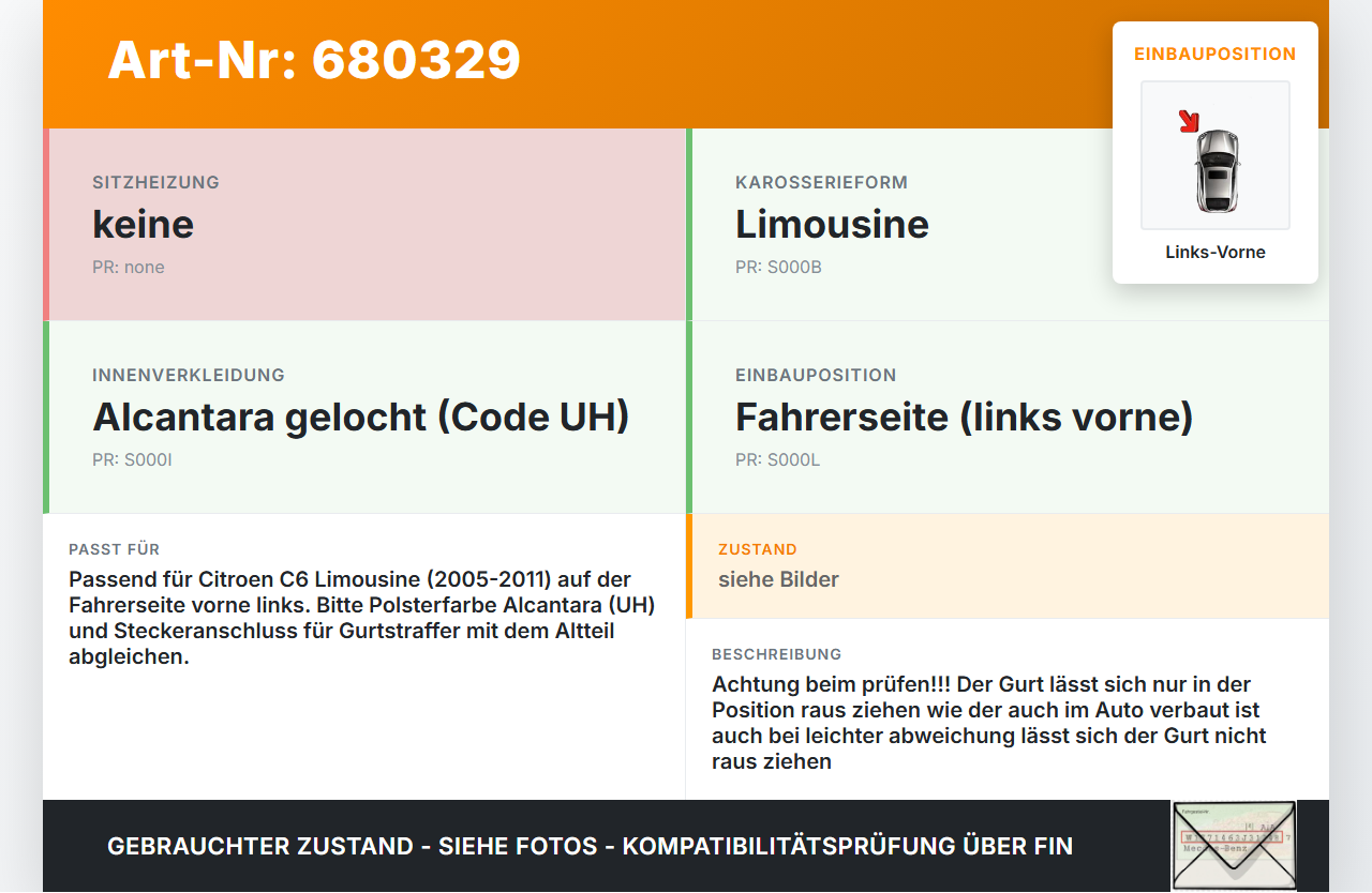 Citroen C6 05-11 Lim Gurt Sicherheitsgurt m. Gurtstraffer für Fahrer Links Vorne Citroen C6 05-11 21.09.2007... Vorschau 3