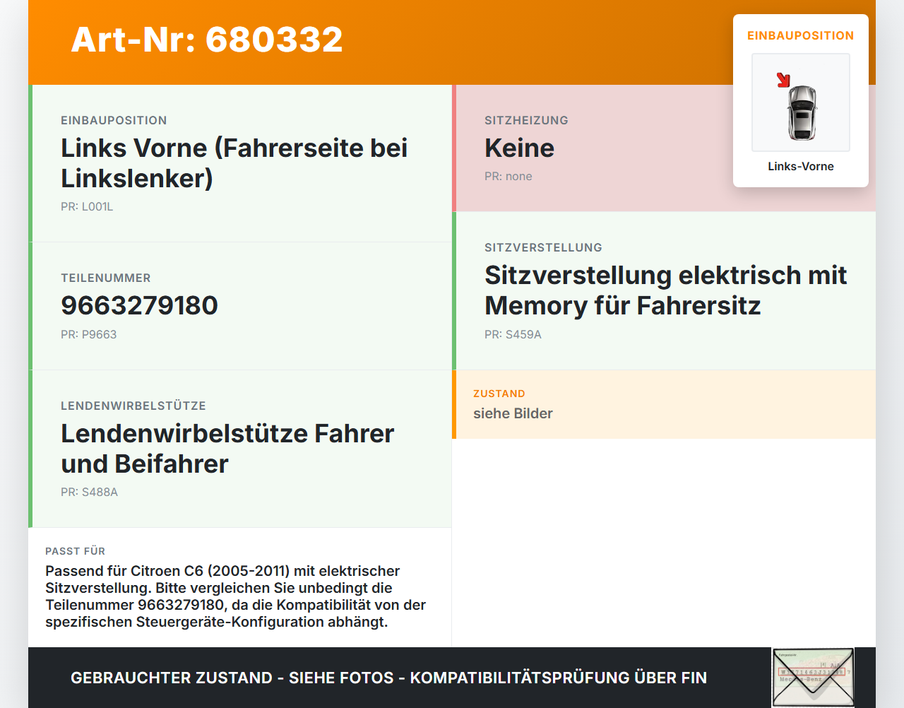 Citroen C6 05-11 Steuergerät ECU Modul Sitzsteuergerät SG Links Vorne Citroen C6 05-11 21.09.2007 9663279180 gebraucht Vorschau 3