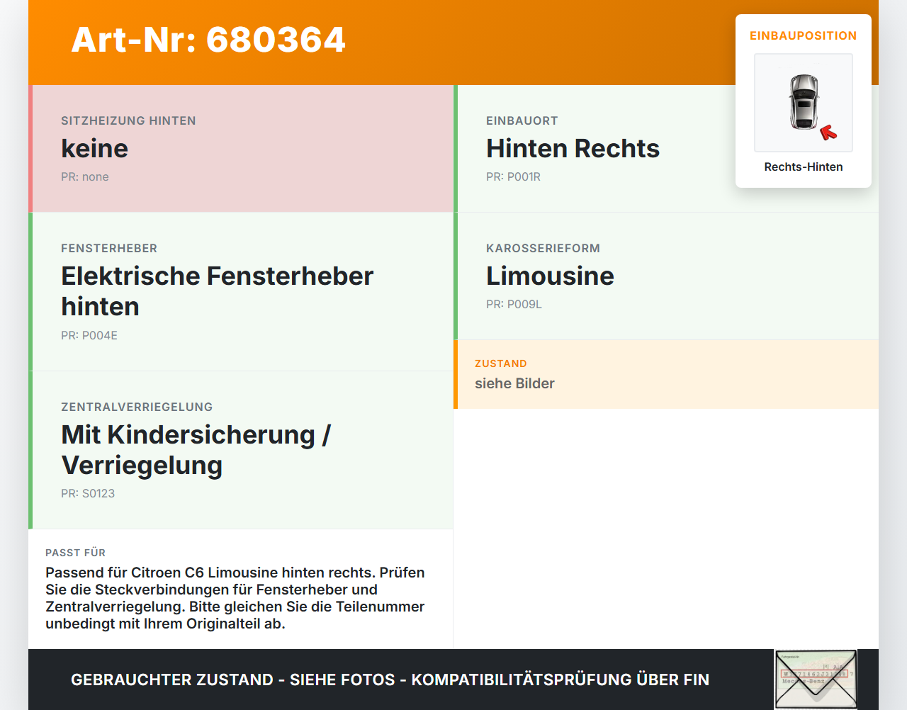 Citroen C6 05-11 Lim Kabelbaum Leitungssatz für Tür und Fensterheber Hinten Rechts Citroen C6 05-11 21.09.2007... Vorschau 3