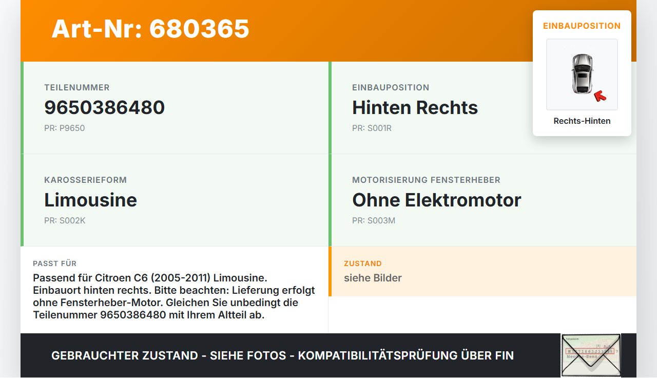 Citroen C6 05-11 Lim Fensterheber o. FH-Motor Hinten Rechts Citroen C6 05-11 21.09.2007 9650386480 994390-105 gebraucht Vorschau 3