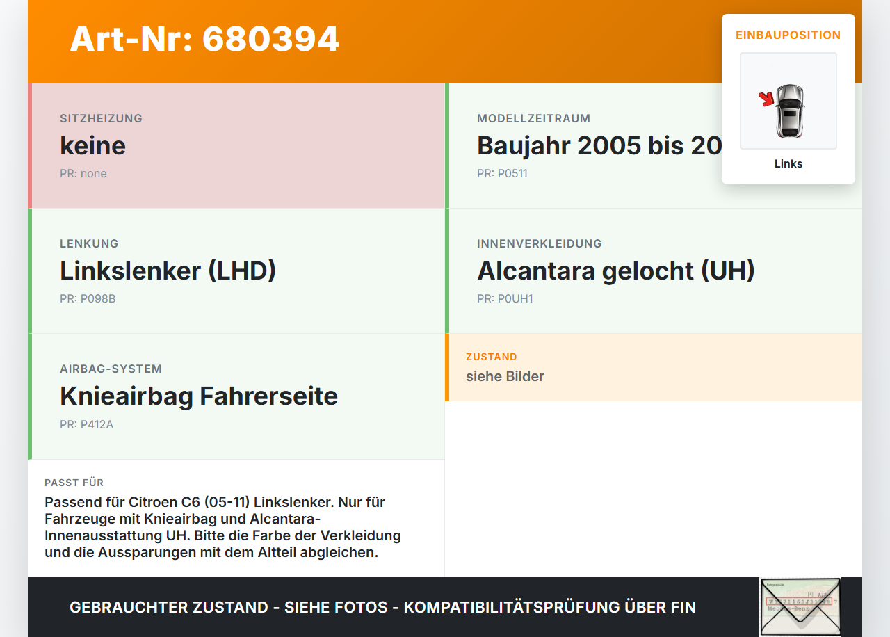 Citroen C6 05-11 Verkleidung Knie Airbagabdeckung und Ablagefach Links Citroen C6 05-11 21.09.2007 96446970ZD gebraucht Vorschau 3