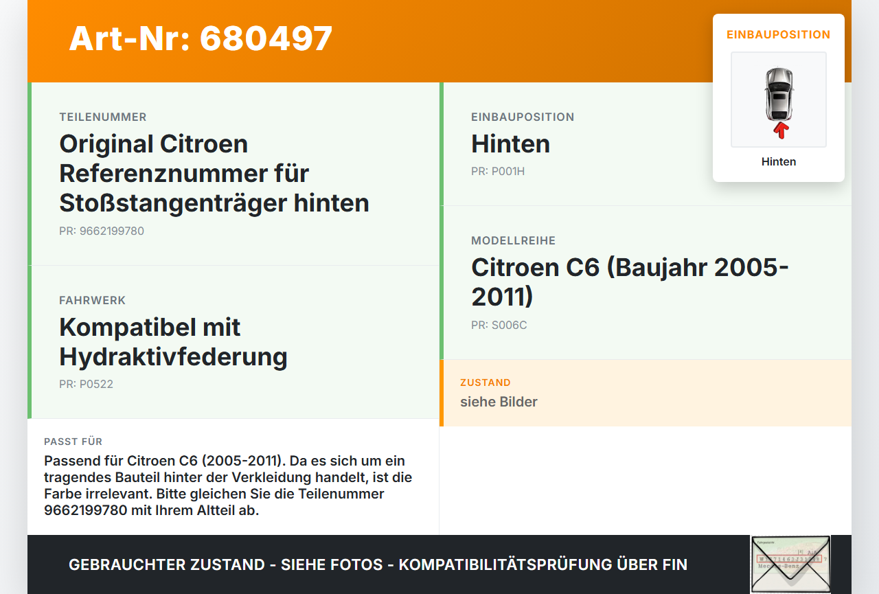 Citroen C6 05-11 Stoßstangenträger Stoßfängerträger Träger Querträger Hinten Citroen C6 05-11 21.09.2007 9662199780... Vorschau 3