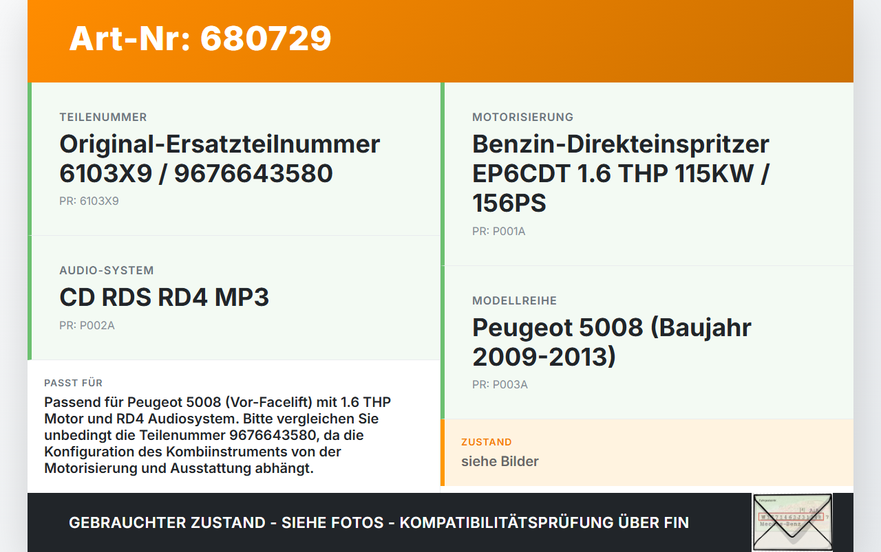 Peugeot 5008 09-13 THP 1,6 115KW Kombiinstrument Tacho Peugeot 5008 09-13 22.09.2010 9666174880 gebraucht Vorschau 3