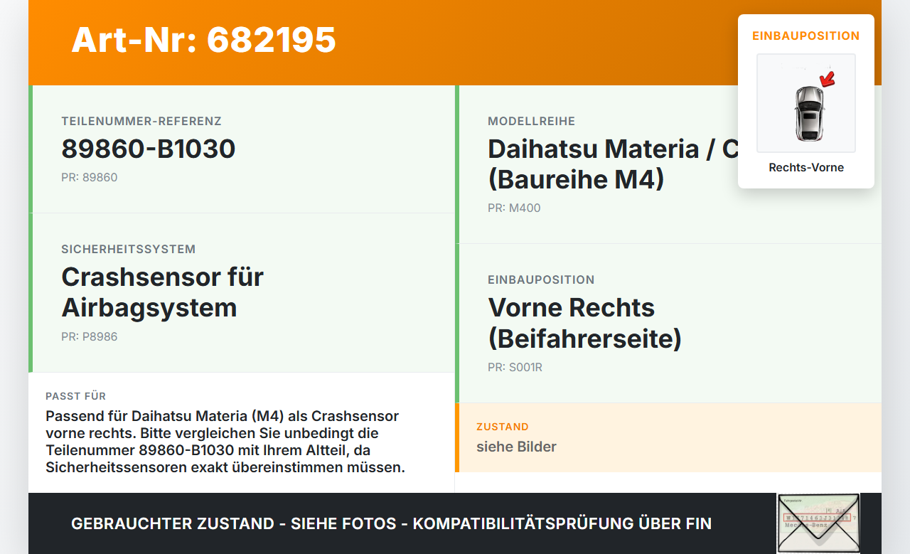 Daihatsu Coo Materia M4 06-16 Airbagsensor Crashsensor Sensor Rechts Vorne Daihatsu Coo Materia M4 06-16 25.06.2008... Vorschau 3