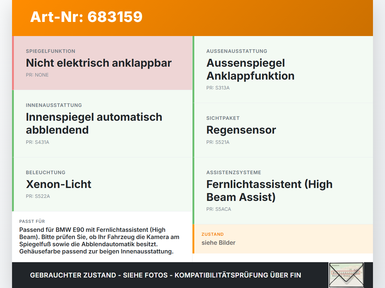 BMW 3er E90 05-08 Innenspiegel Rückspiegel Spiegel Innen Elektrochrom High Beam BMW 3er E90 05-08 06.03.2007... Vorschau 3