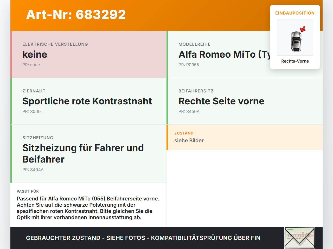 Alfa Romeo Mito 955 08-13 Kopfstütze für Beifahrer Sitz Rechts Vorne Rote Naht Alfa Romeo Mito 955 08-13 19.06.2009... Vorschau 3
