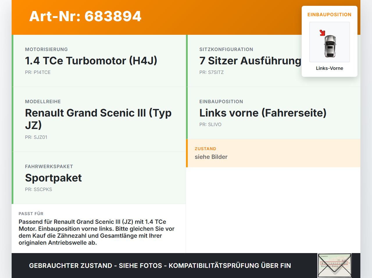Renault Grand Scenic III JZ 09-12 1,4 TCE 130 96KW Antriebswelle Gelenkwelle Links Vorne Renault Grand Scenic III... Vorschau 3