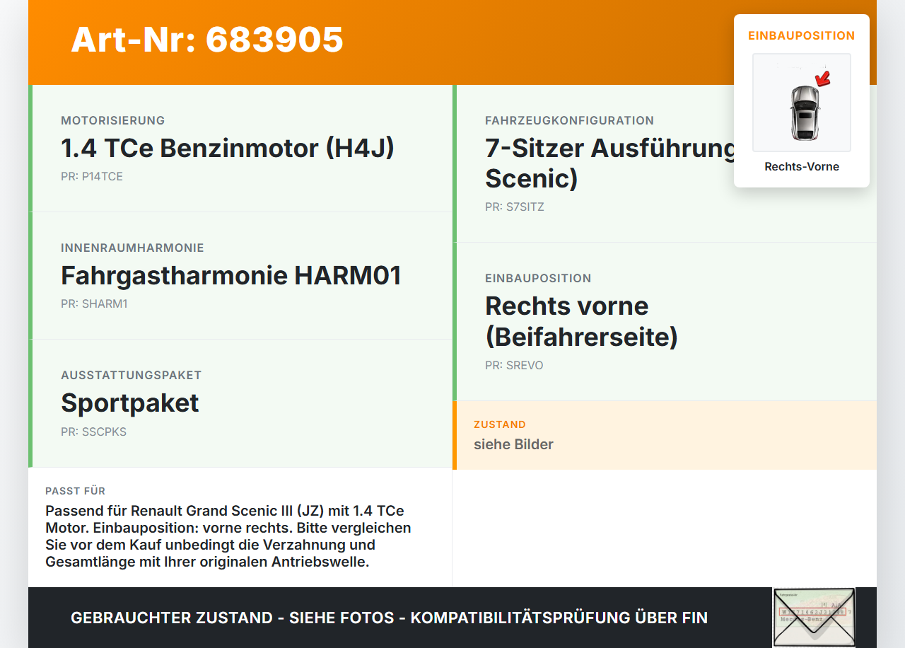 Renault Grand Scenic III JZ 09-12 1,4 TCE 130 96KW Antriebswelle Gelenkwelle Rechts Vorne Renault Grand Scenic III... Vorschau 3