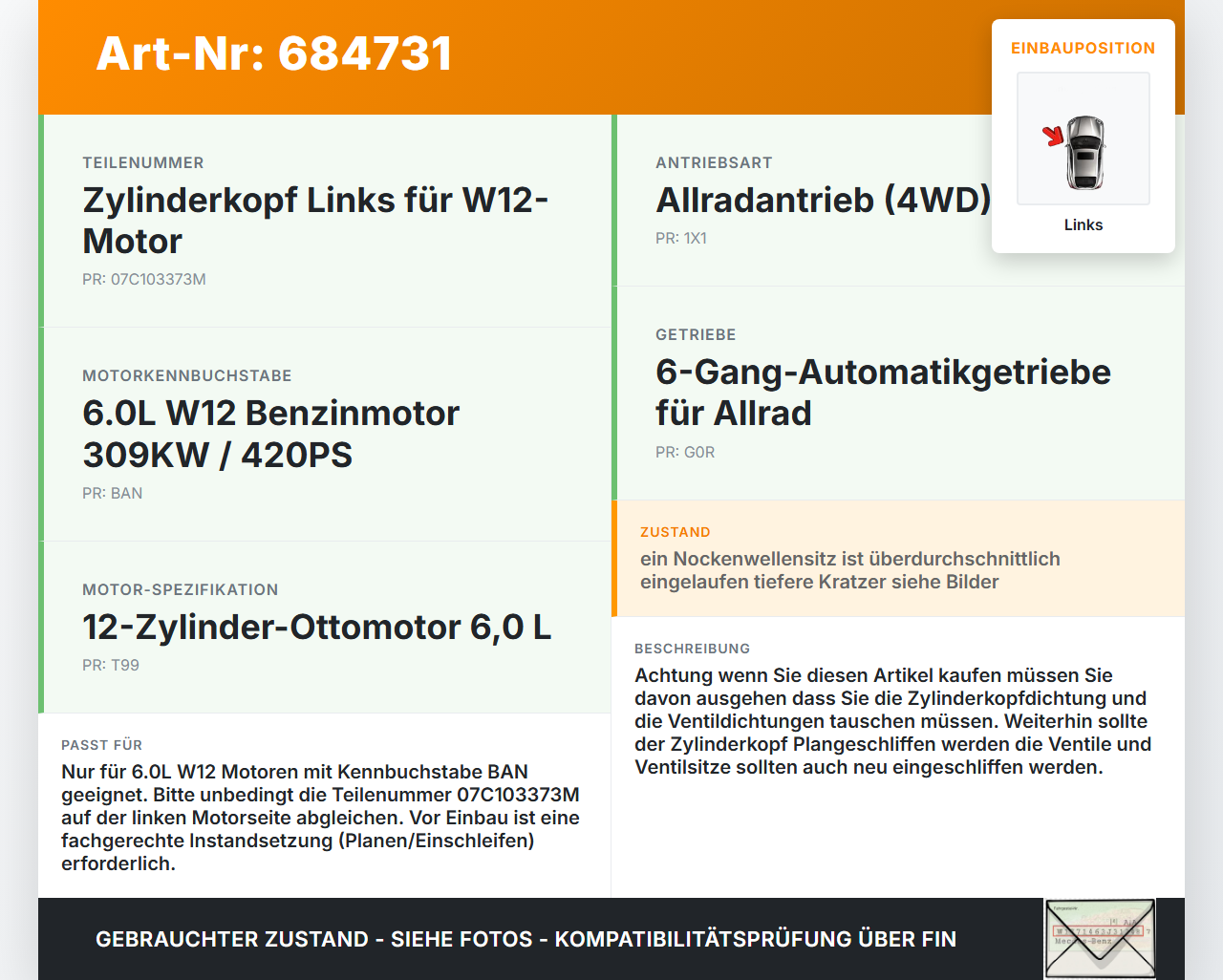 VW Phaeton 3D 01-07 W12 6,0 309KW BAN Zylinderkopf Links VW Phaeton 3D 01-07 03.03.2004 07C103063AS 07C103373M gebraucht Vorschau 3