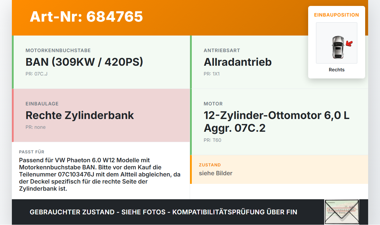 VW Phaeton 3D 01-07 W12 6,0 309KW BAN Ventildeckel Rechts VW Phaeton 3D 01-07 03.03.2004 07C103470AD 07C103476J... Vorschau 3
