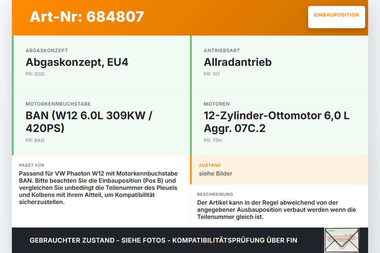 VW Phaeton 3D 01-07 W12 6,0 309KW BAN Kolben mit Pleuel Pos B VW Phaeton 3D 01-07 03.03.2004 gebraucht Vorschau 3