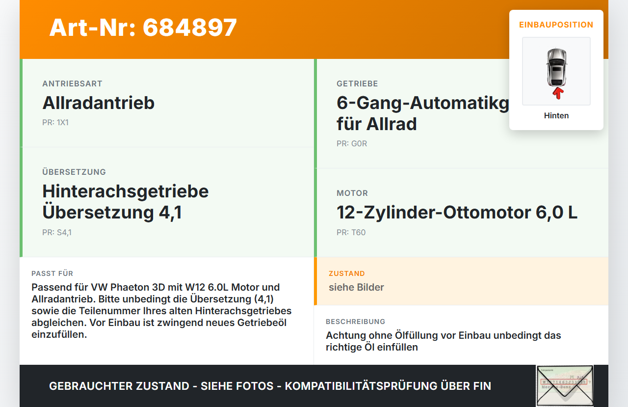 VW Phaeton 3D 01-07 W12 6,0 309KW 4WD Differential Hinterachsgetriebe Hinten 4,1 VW Phaeton 3D 01-07 03.03.2004... Vorschau 3