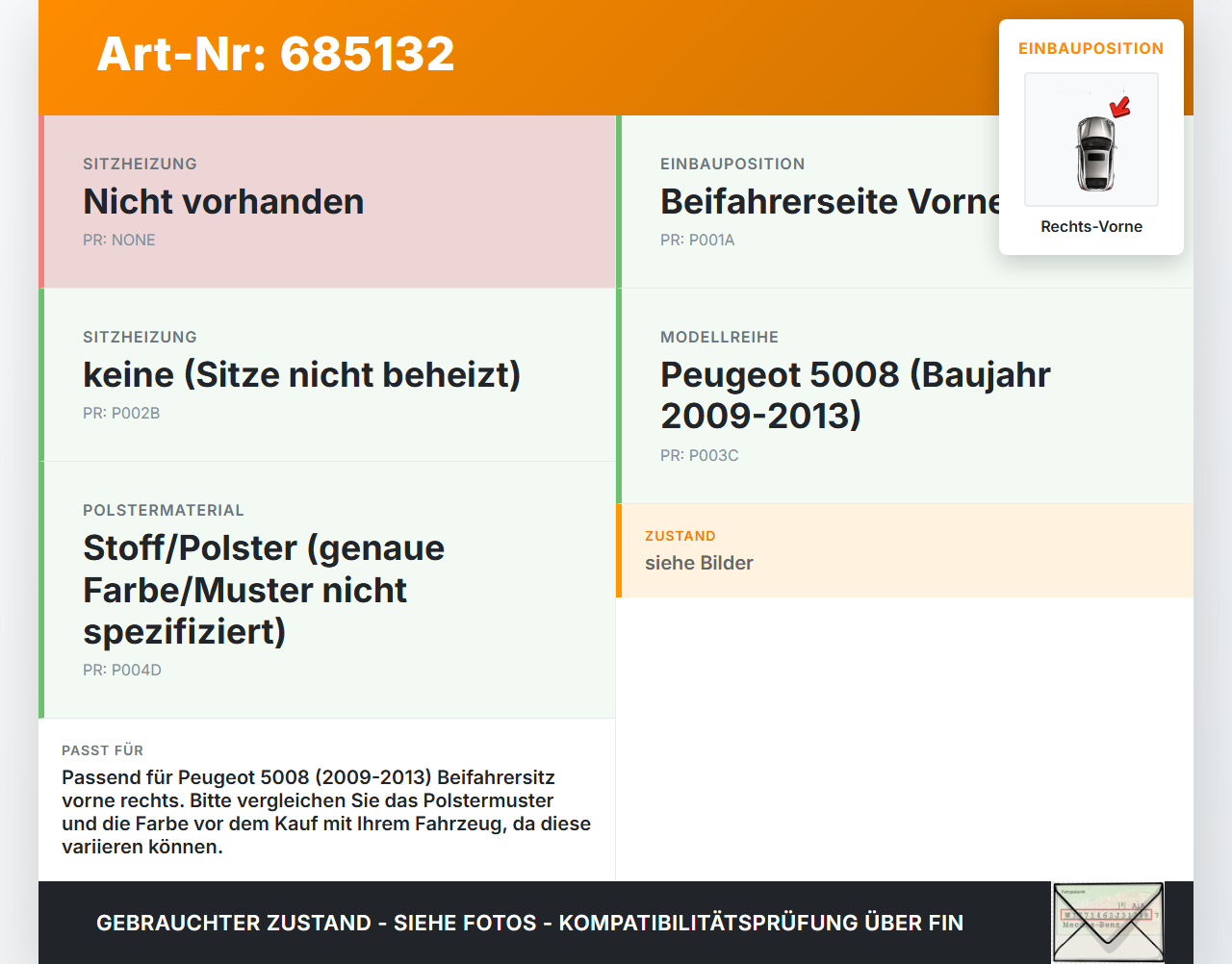 Peugeot 5008 09-13 Kopfstütze für Beifahrer Sitz Rechts Vorne Peugeot 5008 09-13 10.02.2011 gebraucht Vorschau 3