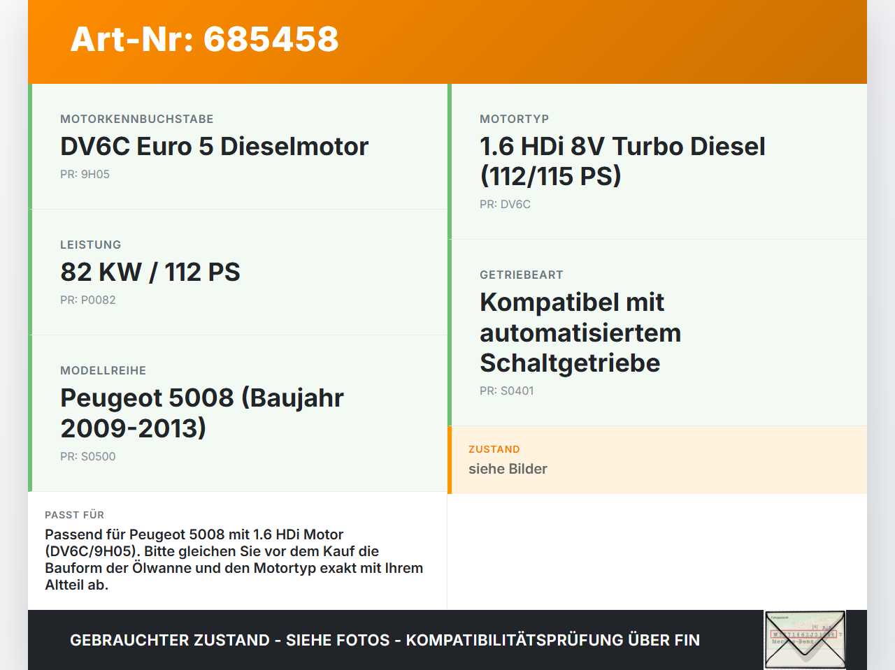 Peugeot 5008 09-13 HDi 1,6 82KW 9H05 DV6C Ölwanne Motorwanne Peugeot 5008 09-13 10.02.2011 gebraucht Vorschau 3