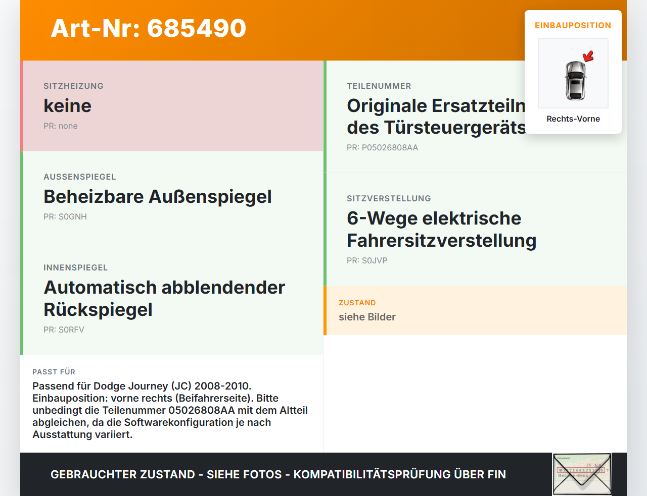 Dodge Journey JC 08-10 Steuergerät ECU Modul Türsteuergerät Rechts Vorne Dodge Journey JC 08-10 29.06.2008... Vorschau 3