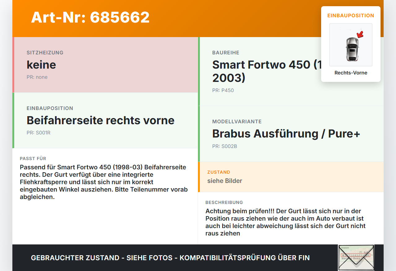 Smart 450 Fortwo 98-03 Coupe Gurt Sicherheitsgurt Gurtstraffer für Beifahrer Rechts Vorne Smart 450 Fortwo 98-03... Vorschau 3