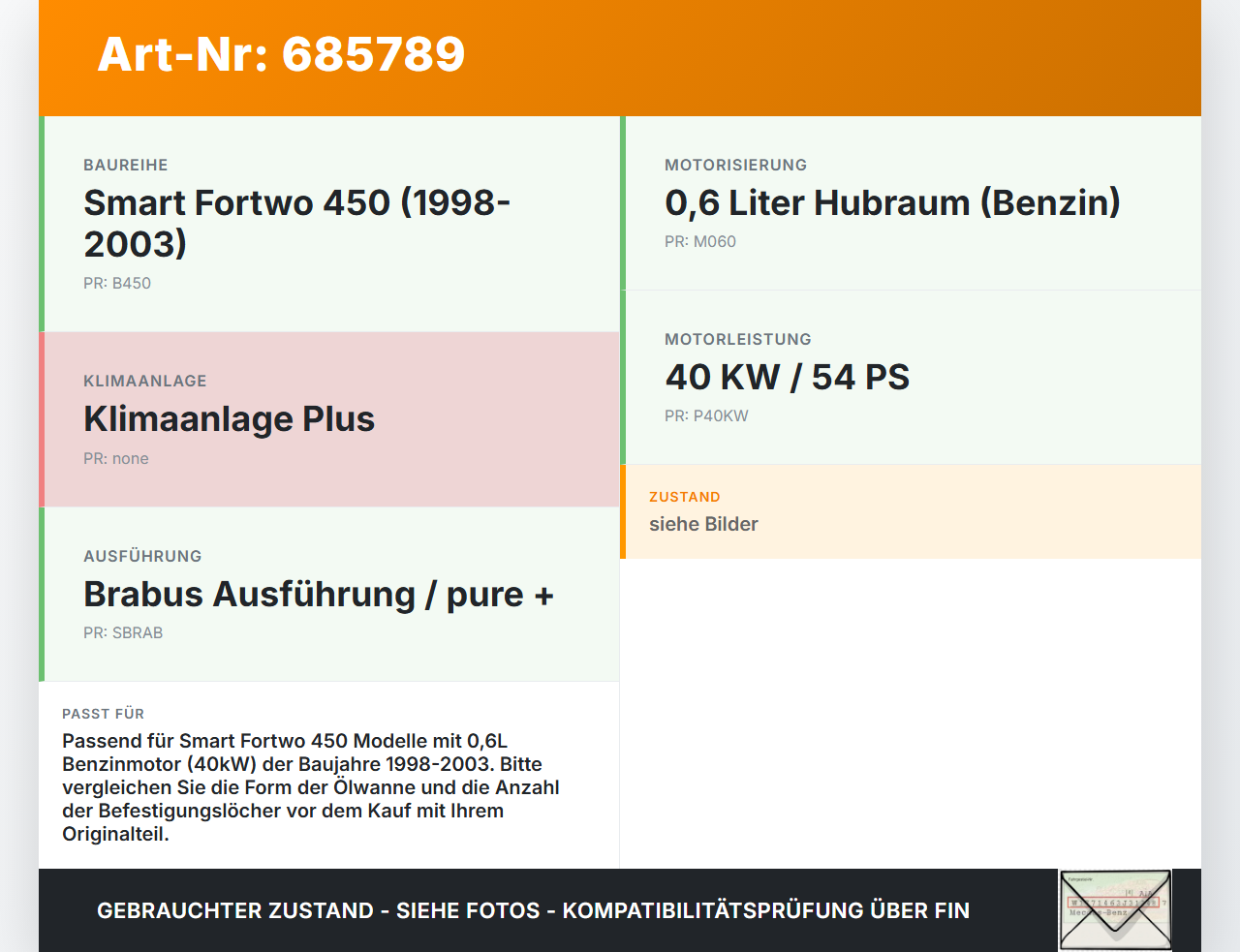 Smart 450 Fortwo 98-03 0,6 40KW 160910 Ölwanne Motorwanne Smart 450 Fortwo 98-03 18.04.2001 gebraucht Vorschau 3