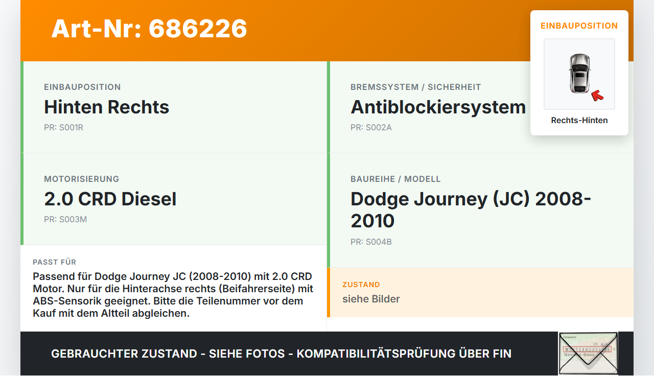 Dodge Journey JC 08-10  CRD 2,0 103KW Achsschenkel Radnabe mit ABS Rechts Hinten Dodge Journey JC 08-10 29.06.2008... Vorschau 3