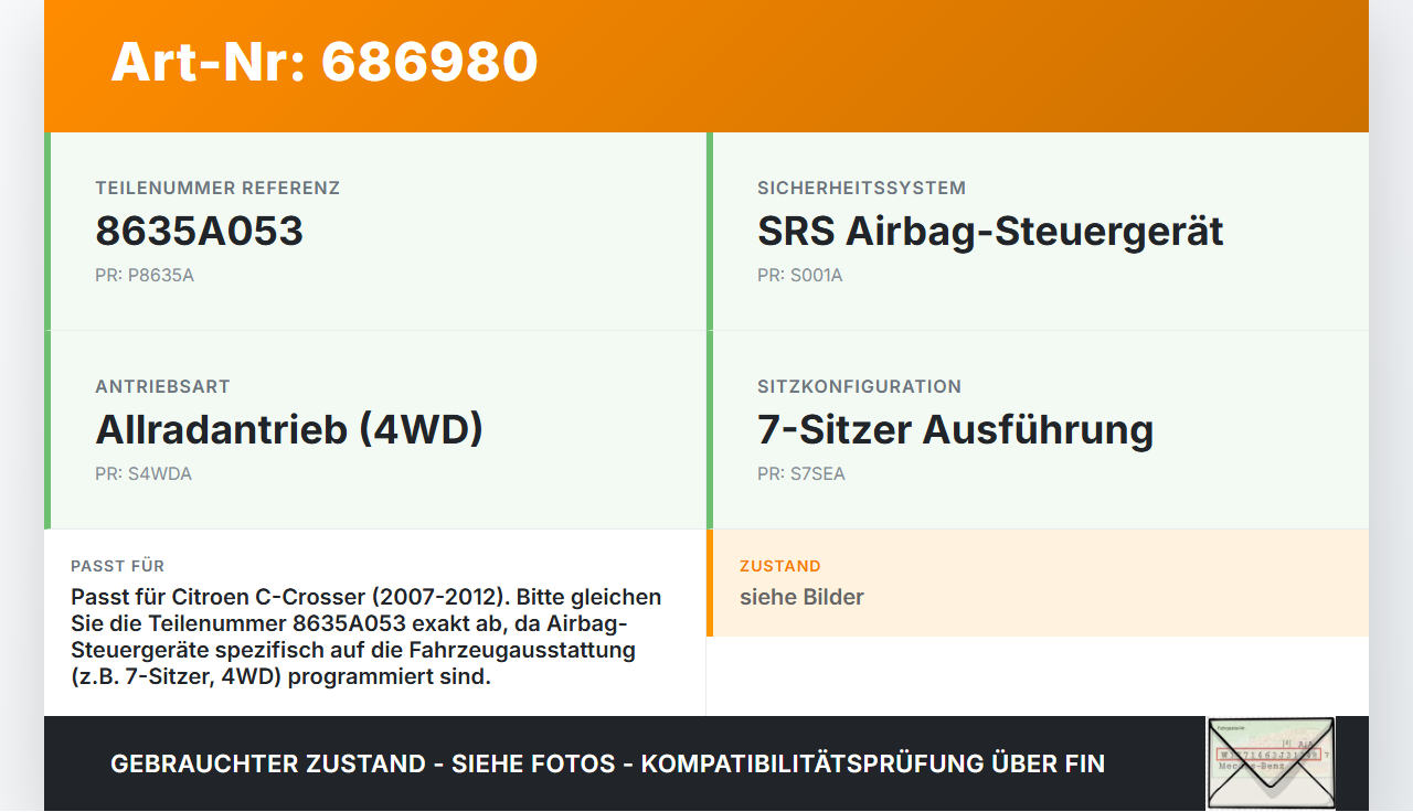 Citroen C-Crosser 07-12 Airbag Steuergerät Airbagsteuergerät Citroen C-Crosser 07-12 05.04.2007 P8635A053 gebraucht Vorschau 3