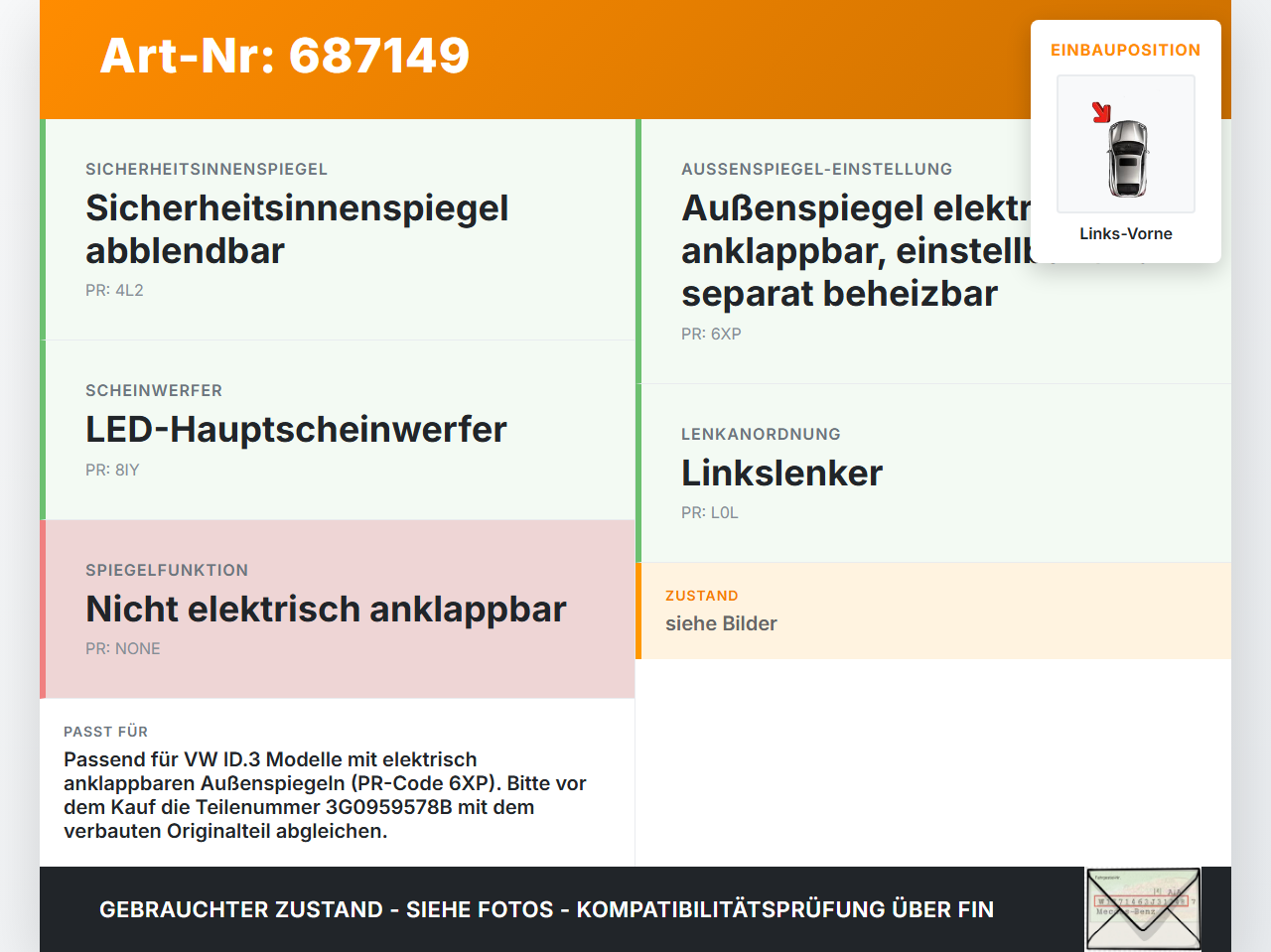 VW ID3 Stellmotor Links Vorne für Elektr. Spiegelverstellung VW ID3 17.12.2020 3G0959578B gebraucht Vorschau 3