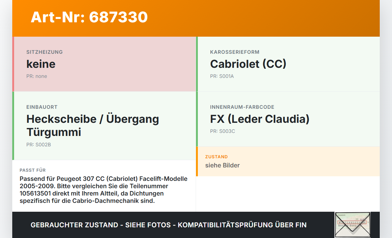 Peugeot 307 CC 05-09 Dichtung Heckscheibe Peugeot 307 CC 05-09 29.05.2005 105613501 gebraucht Vorschau 3