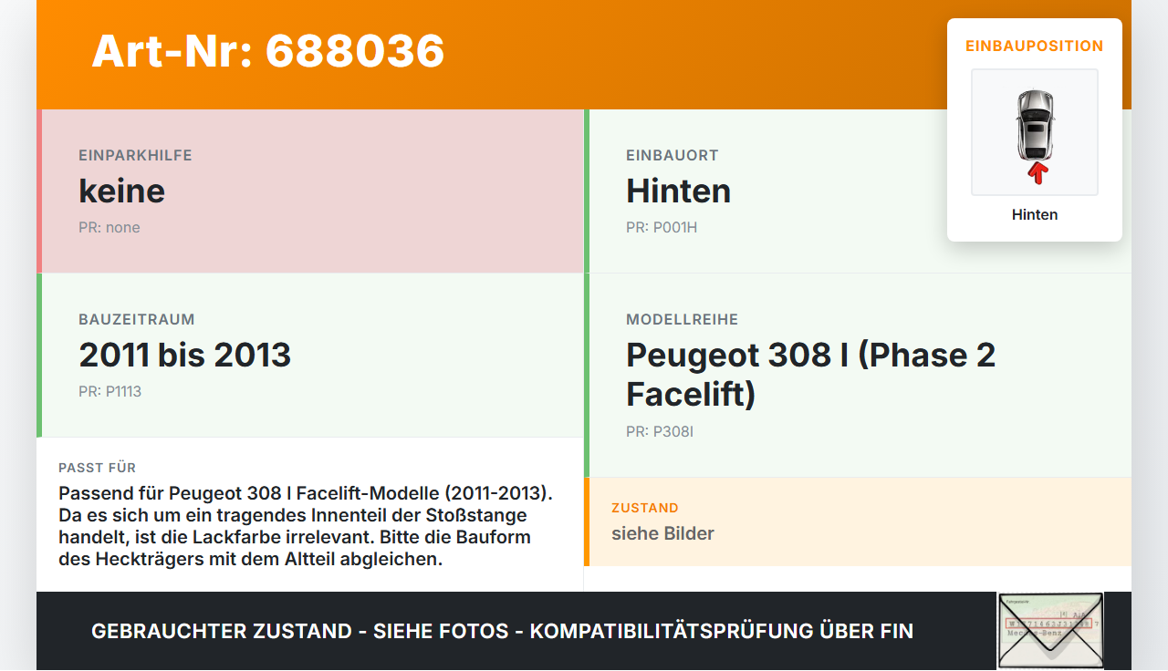 Peugeot 308 I 11-13 Stoßstangenträger Stoßfängerträger Träger Querträger Hinten Peugeot 308 I 11-13 11.10.2011 gebraucht Vorschau 3