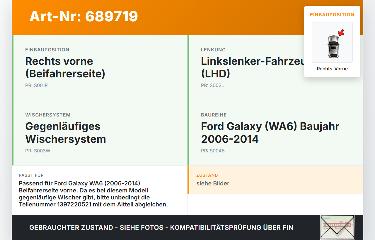 Ford Galaxy WA6 06-14 Wischermotor mit Wischergestänge Rechts Vorne Ford Galaxy WA6 06-14 09.11.2006 6M21-175008-BC... Vorschau 3