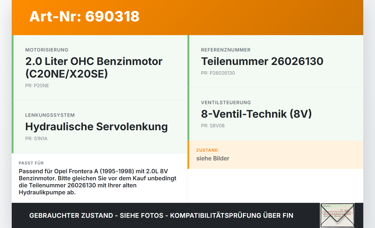Opel Frontera A 95-98 8V 2,0 85KW Servopumpe Hydraulikpumpe für Lenkung Opel Frontera A 95-98 01.02.2001 26026130... Vorschau 3