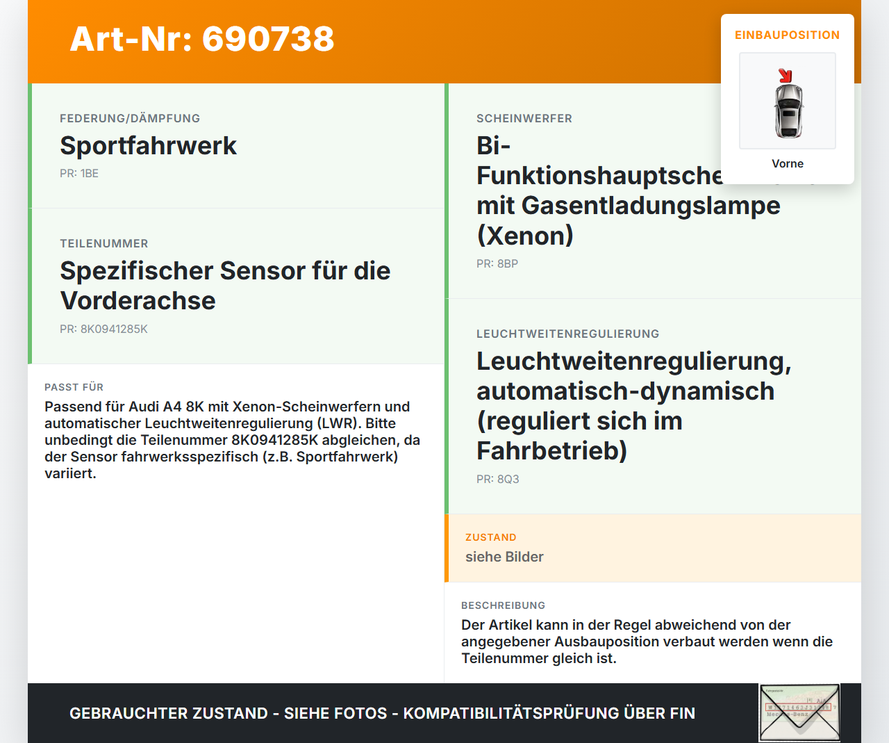 Audi A4 8K B8 07-11 Xenon LWR Sensor Neigung Vorne Audi A4 8K B8 07-11 25.04.2008 8K0941285K gebraucht Vorschau 3