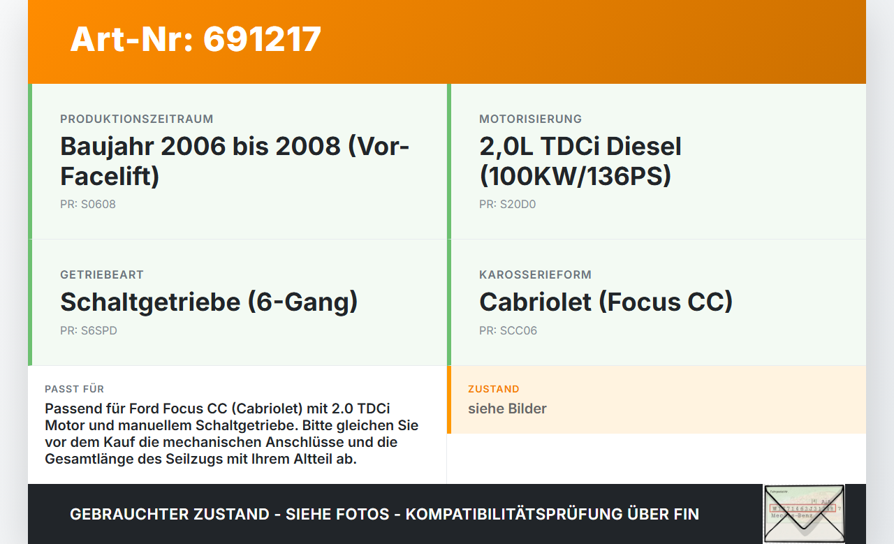 Ford Focus CC 06-08 TDCi 2,0 100KW Schaltzug Schaltseilzug Schaltseil Ford Focus CC 06-08 15.09.2006 gebraucht Vorschau 3