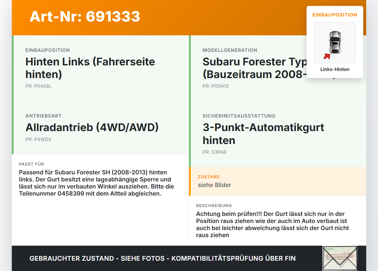 Subaru Forester SH 08-13 Gurt Sicherheitsgurt Links Hinten Subaru Forester SH 08-13 24.06.2009 0458399 gebraucht Vorschau 3