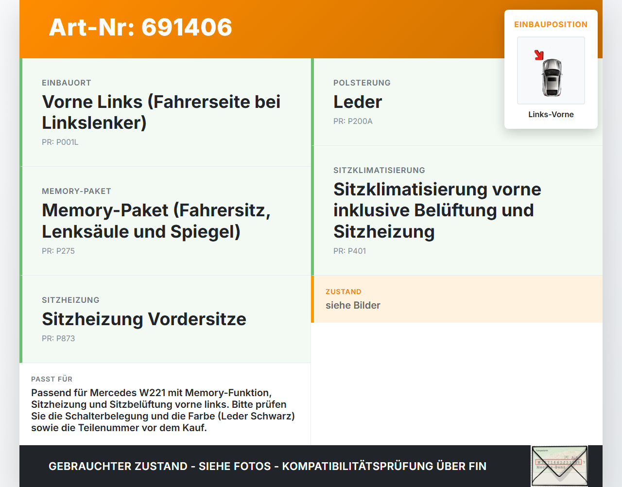 Mercedes W221 S320 05-09 Schalter Links Vorne für Sitzverstellung Sitzheizung Memory Sitzlüftung Mercedes W221 S320... Vorschau 3