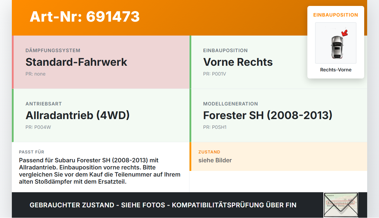 Subaru Forester SH 08-13 Stossdämpfer Federbein Vorne Rechts Subaru Forester SH 08-13 24.06.2009 gebraucht Vorschau 3