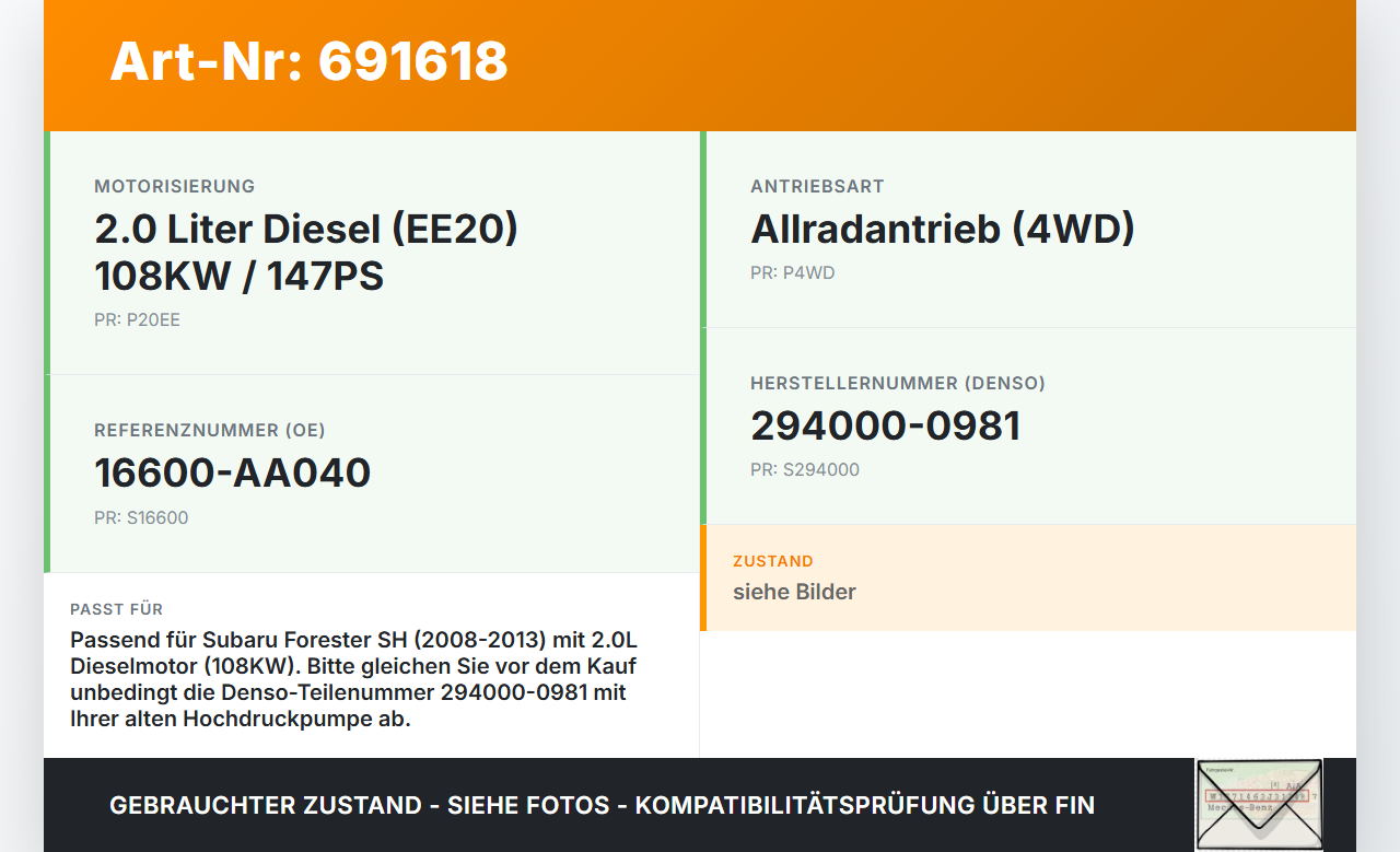 Subaru Forester SH 08-13 2,0 108KW Einspritzpumpe Hochdruckpumpe Subaru Forester SH 08-13 24.06.2009 294000-0981... Vorschau 3