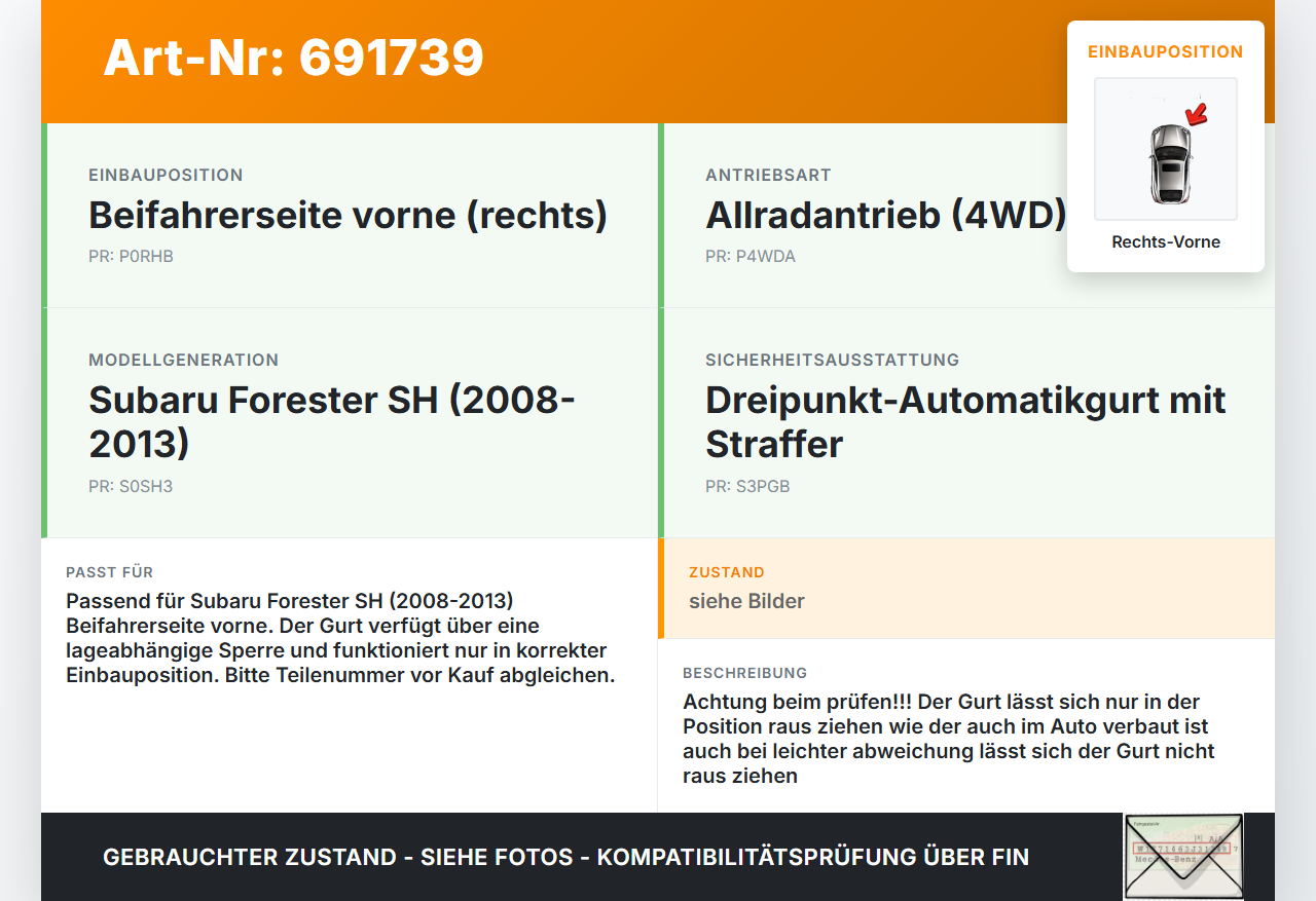 Subaru Forester SH 08-13 Gurt Sicherheitsgurt Gurtstraffer Beifahrer Rechts Vorne Subaru Forester SH 08-13... Vorschau 3