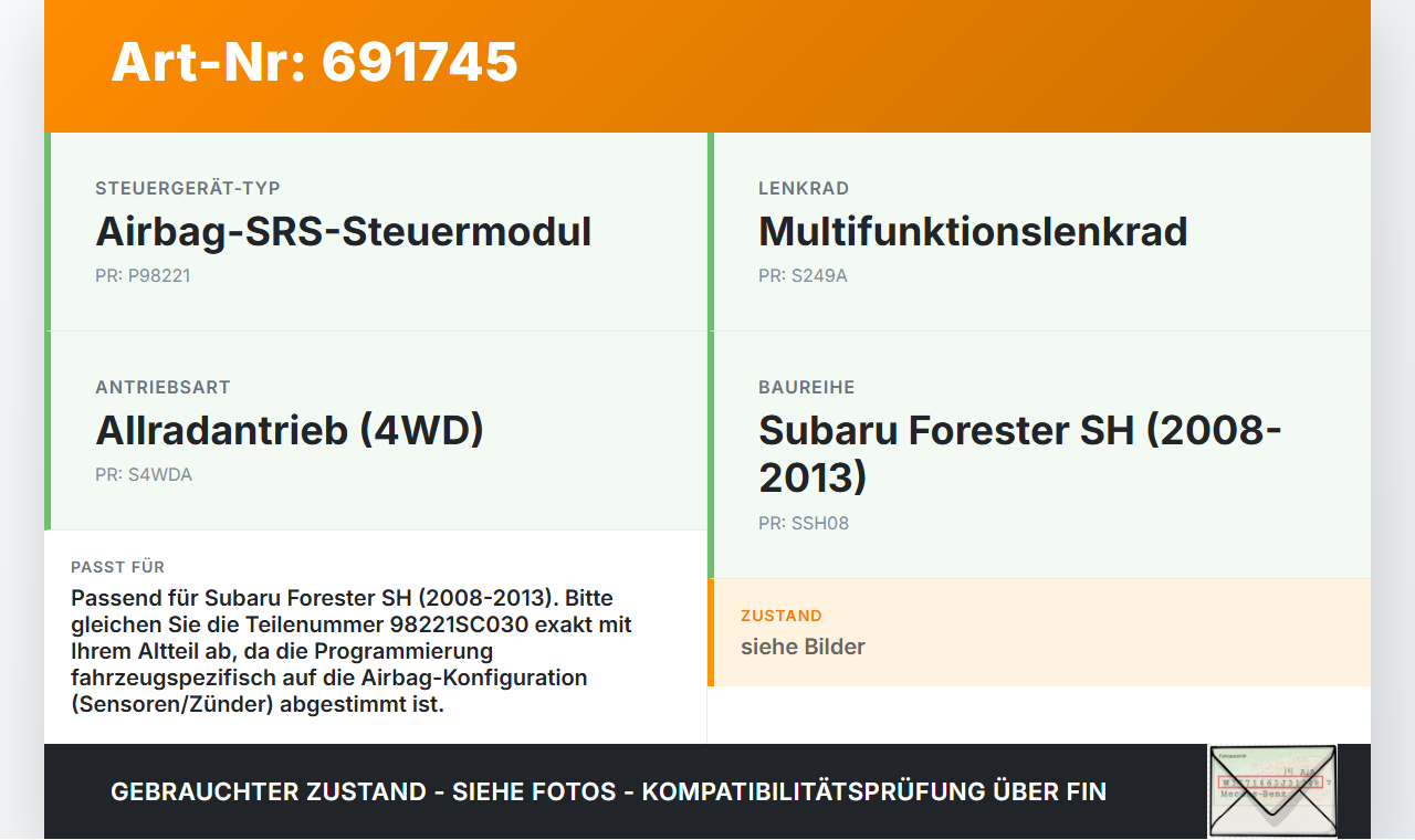 Subaru Forester SH 08-13 Airbag Steuergerät Airbagsteuergerät Subaru Forester SH 08-13 24.06.2009 98221SC030... Vorschau 3