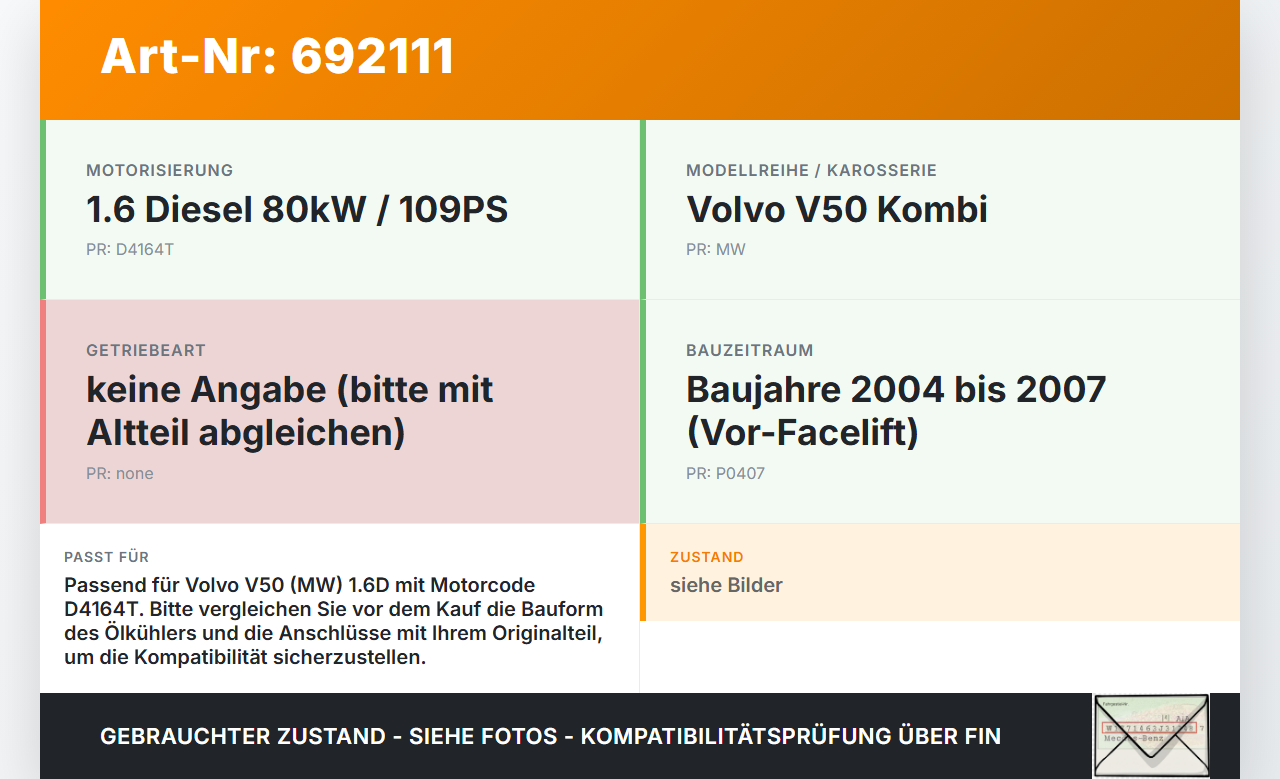 Volvo V50 MW 04-07 1,6D D4164TKW Ölkühler Volvo V50 MW 04-07 14.09.2008 gebraucht Vorschau 3