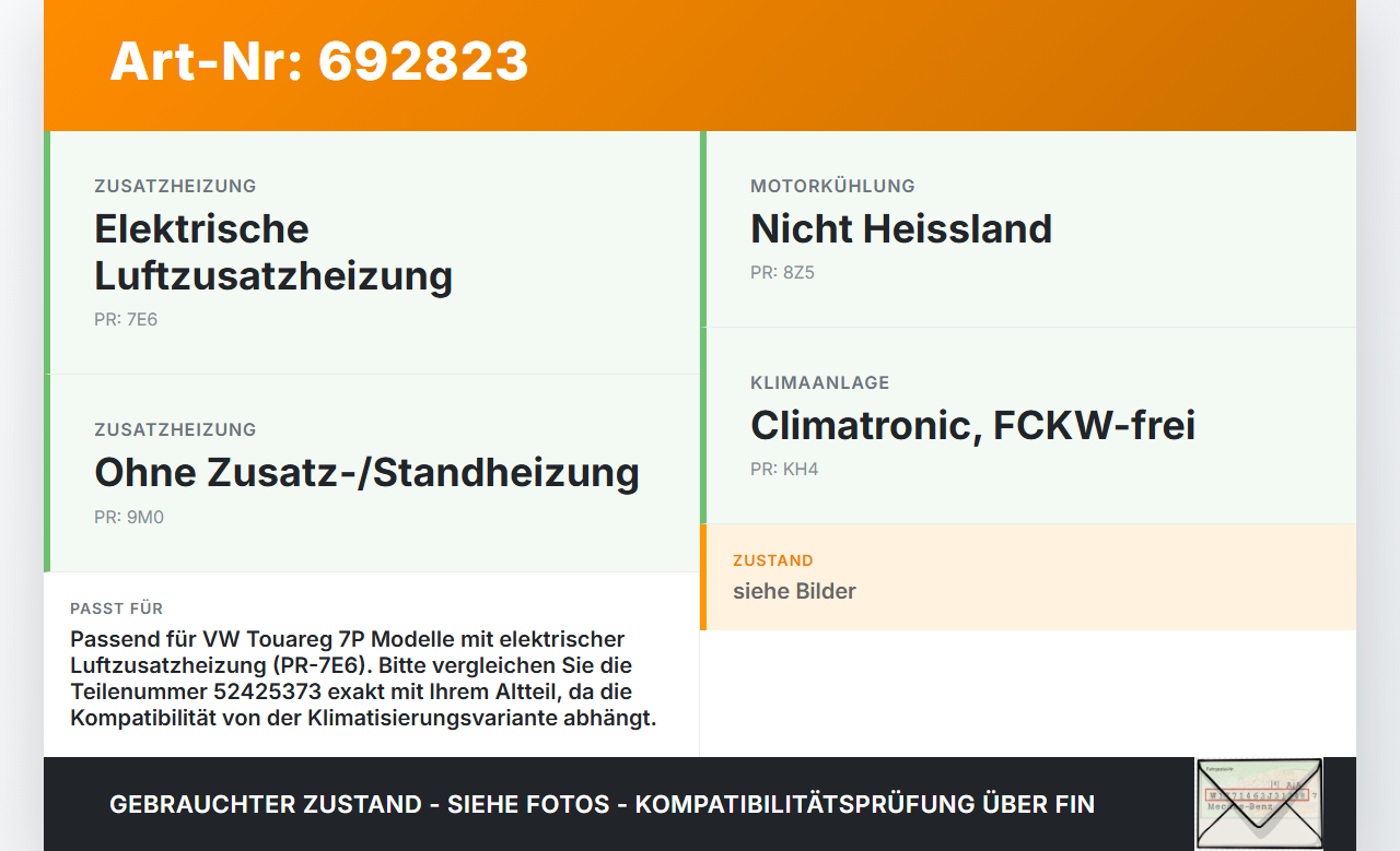 VW Touareg 7P 10-14 Zusatzheizung Zuheizer Heizelement Elektrisch VW Touareg 7P 10-14 07.10.2011 7P0963235 52425373... Vorschau 3