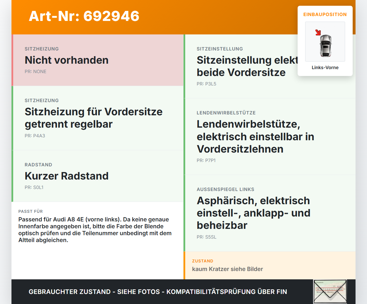 Audi A8 4E 05-08 TDI 3,0 155KW Rückenblende Rückenpolster Links Vorne Audi A8 4E 05-08 31.05.2007 gebraucht Vorschau 3