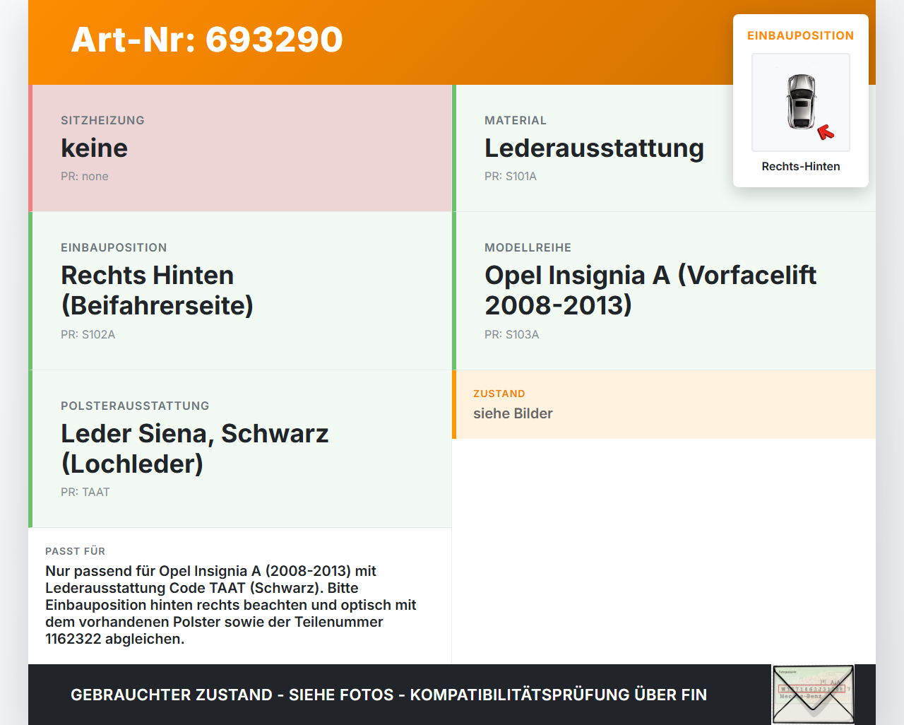 Opel Insignia A 08-13 2,0 118KW Seitenpolster Wange Rücksitzbank Rechts Hinten Opel Insignia A 08-13 28.07.2009... Vorschau 3
