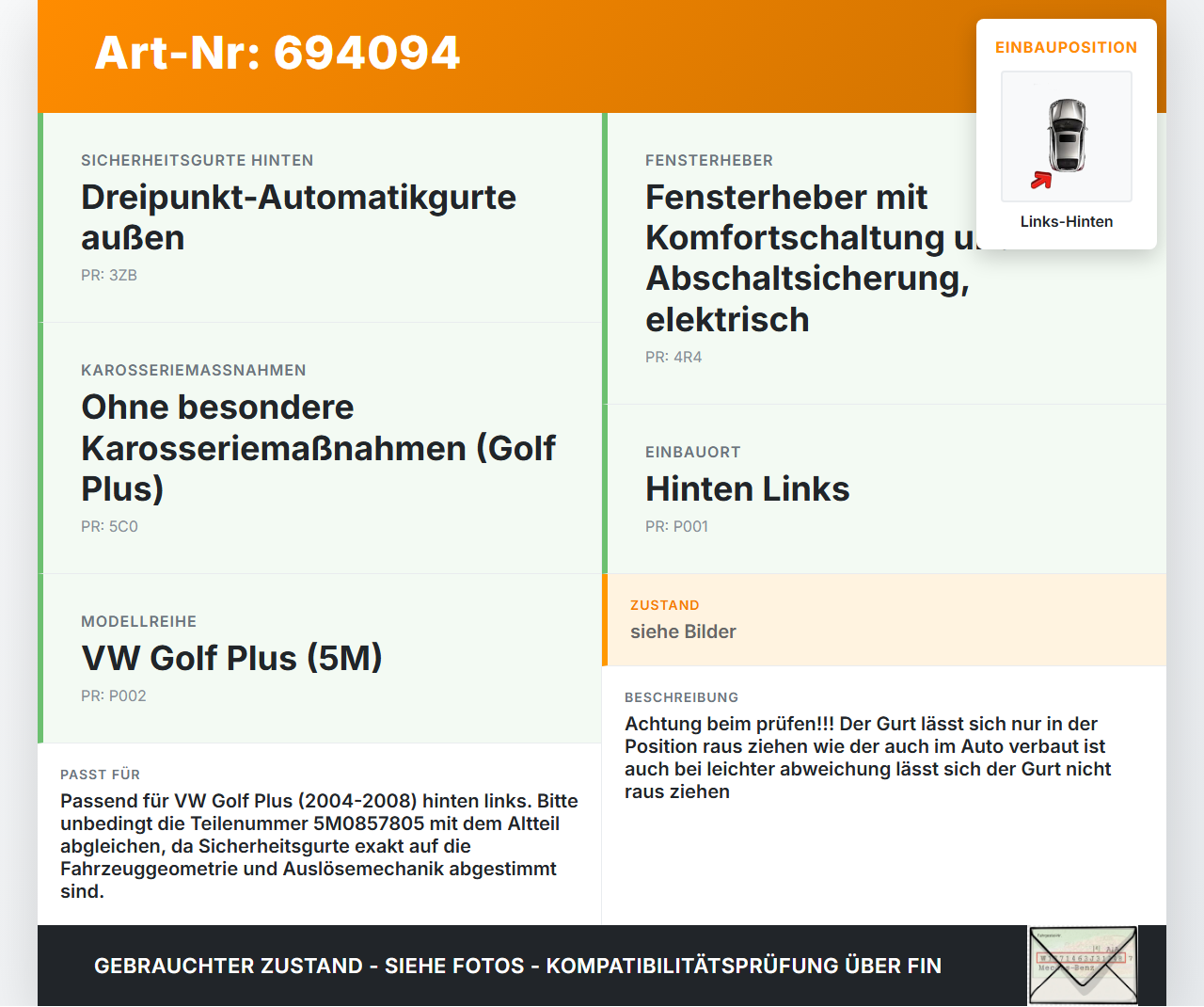 VW Golf 5M Plus 04-08 Gurt Sicherheitsgurt Links Hinten VW Golf 5M Plus 04-08 11.08.2006 5M0857805 33044247 gebraucht Vorschau 3
